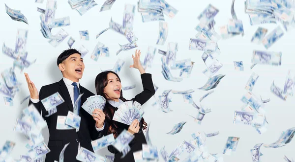 Excited Young Business Man Woman Holding Dollars Money Rain — ストック写真
