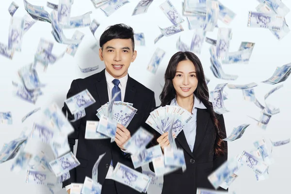 Young Business Man Woman Showing Money Money Rain — Stock fotografie