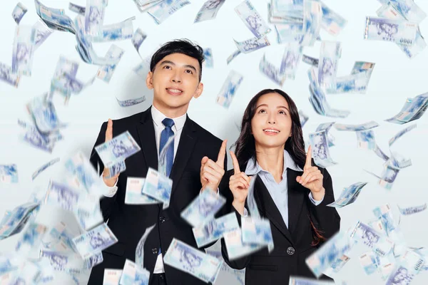 Happy Young Business Man Woman Hands Pointing Money Rain — Stock Photo, Image