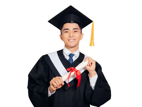 Jovem Graduação Masculina Segurando Diploma Isolado Fundo Branco — Fotografia de Stock