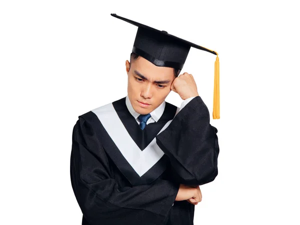 Young Man Wearing Graduation Cap Ceremony Robe Worried Stressed Problem — Stock Photo, Image