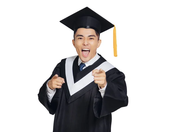 Young Man Wearing Graduation Cap Ceremony Robe Hand Pointing Camera — Stock Photo, Image