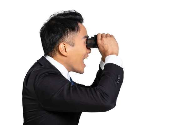 Side View Surprised Young Businessman Looking Binoculars — Stock Photo, Image