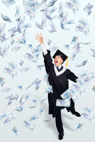 Happy Male Graduate Student Running Money Rain — Stock Photo, Image