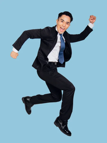 Funny Young Businessman Jumping Air — Stock Photo, Image