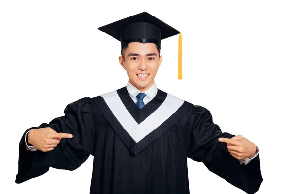 Happy Masculino Estudante Pós Graduação Apontando Para Algo — Fotografia de Stock