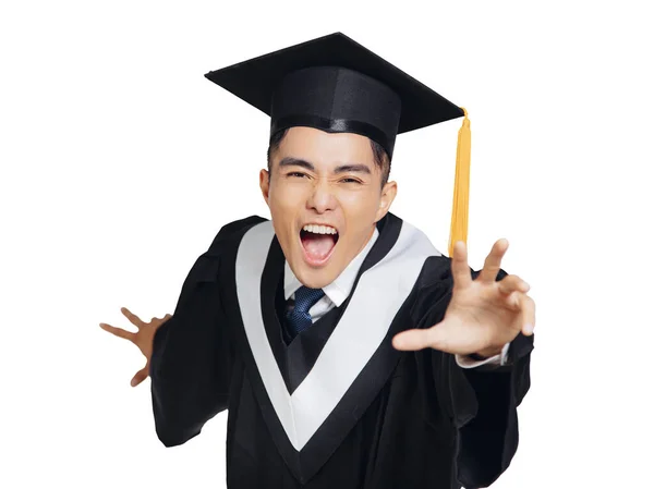 Joven Graduación Masculino Estudiante Mano Tratar Llegar Algo —  Fotos de Stock