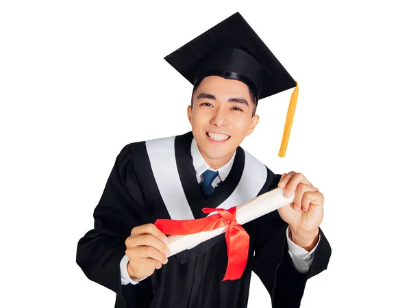 Emocionado Joven Vestido Graduación Negro Tapa Que Muestra Diploma —  Fotos de Stock