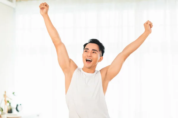 Happy Asian Young Man Doing Exercises Home — Stock Photo, Image