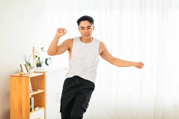 Happy Asian Young Man Doing Exercises Dancing Home — Stock Photo, Image