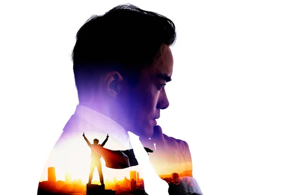 Side View Young Businessman Superhero Success Concepts Double Exposure — Stock Photo, Image
