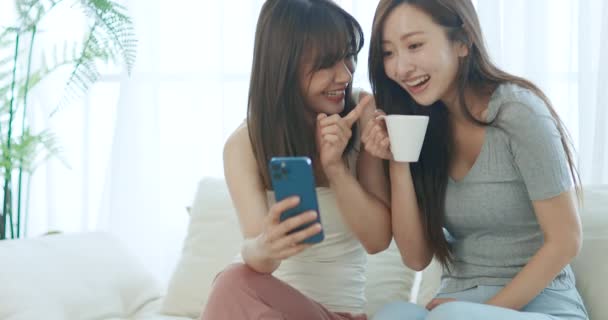Szczęśliwa Młoda Kobieta Ogląda Swoje Smartfony Siedząc Kanapie Domu — Wideo stockowe