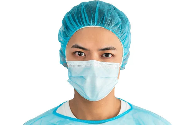 Närbild Doktor Bär Medicinsk Mask Isolerad — Stockfoto