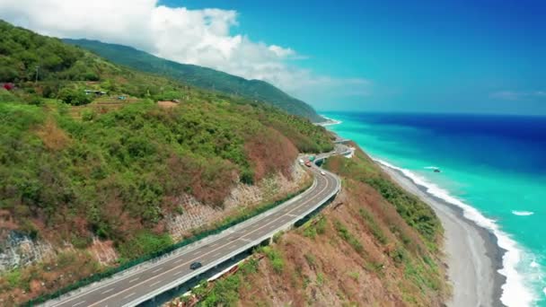 Widok Lotu Ptaka Zakręty Drogi Przybrzeżnej Autostrada South Link Tajwan — Wideo stockowe