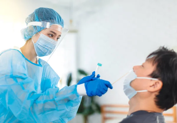 Nurse Doctor Wearing Gowns Masks Eye Shields Personal Protection Taking — Stock Photo, Image