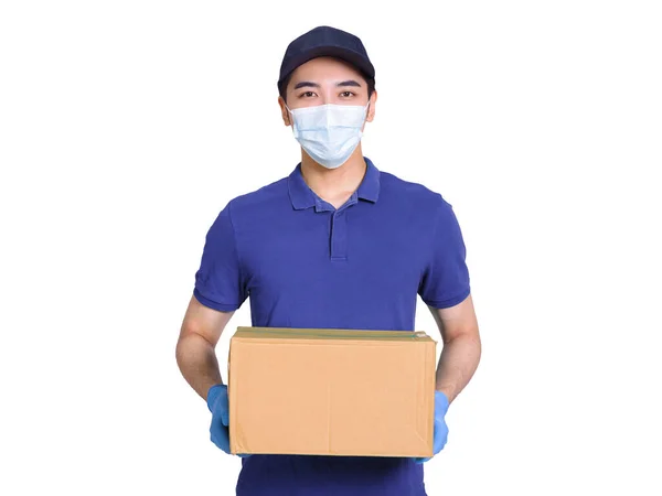 Νεαρός Μεταφορέας Εργαζόμενος Μπλε Ρούχα Και Καπέλα Προστατευτικές Μάσκες Και — Φωτογραφία Αρχείου