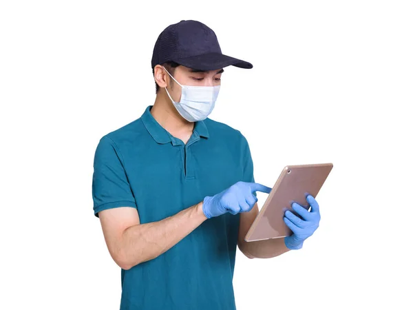 Giovani Corrieri Che Lavorano Durante Epidemia Covid Indossano Abiti Blu — Foto Stock