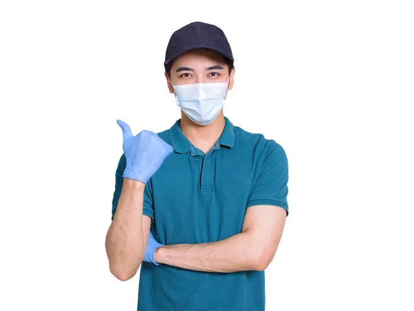 Νεαρός Κούριερ Μπλε Ρούχα Και Καπέλα Προστατευτικές Μάσκες Και Γάντια — Φωτογραφία Αρχείου
