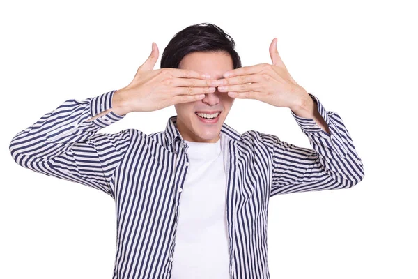 Young Man Covering Eyes Hands Laughing Isolated White Background — Stock Photo, Image