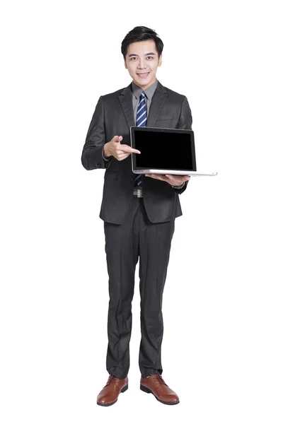 Joven Hombre Negocios Guapo Pie Celebración Computadora Portátil Isolated Sobre — Foto de Stock