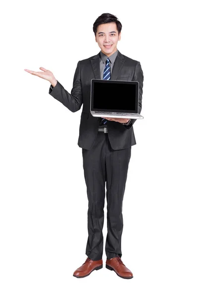 Jovem Empresário Bonito Segurando Laptop Isolado Fundo Branco — Fotografia de Stock