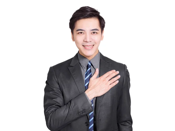 Young Businessman Hands His Chest Isolated White Background — Stock Photo, Image