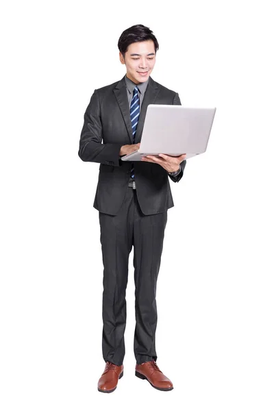 Young Handsome Businessman Standing Holding Laptop Isolated White Background — Stock Photo, Image