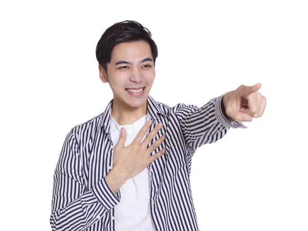 Young Man Laughing Pointing Forward Isolated White Background — Stock Photo, Image