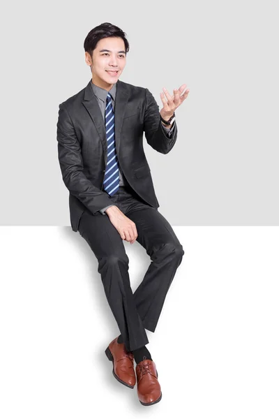 Young Business Man Sitting Blank Panel — Stock Photo, Image