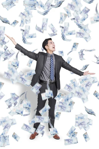 Excited Young Handsome Businessman Watching Money Rain Falling — Stock Photo, Image