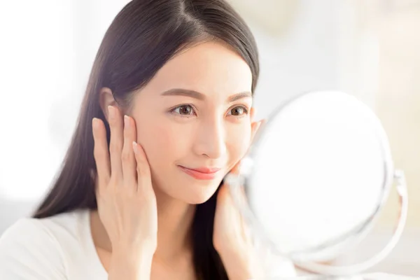 Young Woman Touching Face Skin Looking Mirror — Stock Photo, Image