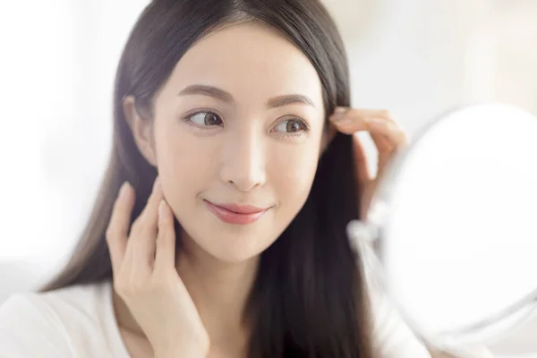 Young Woman Hands Touching Face Skin Looking Mirror — Stock Photo, Image