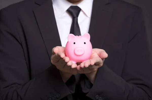 Business Man Black Suit Holding Pink Piggy Bank — Stock Photo, Image