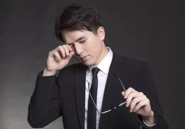 Businessman Feeling Sick Tired Young Man Rubbing Eyes — Stock Photo, Image