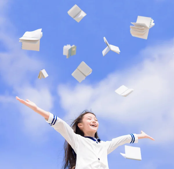 Happy Friendly Girl Student Throwing Books Fly Air — Stock Photo, Image