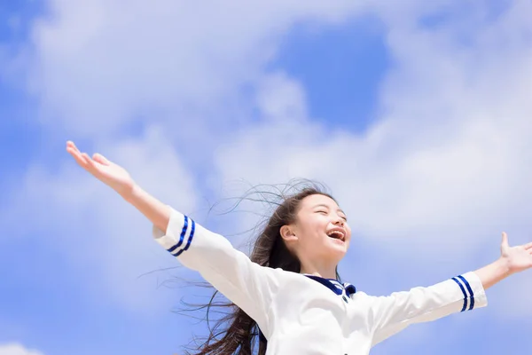 Spännande Och Glad Student Flicka Med Händerna Upp — Stockfoto