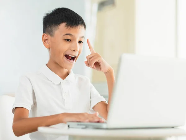 Niño Alegre Usando Laptop Study Línea — Foto de Stock