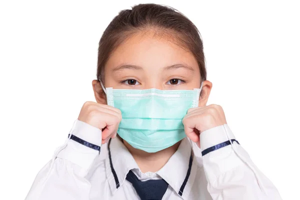 Meisje Met Een Medisch Masker Geïsoleerd Witte Achtergrond — Stockfoto