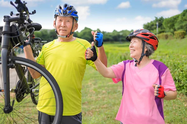 Ευτυχισμένο Υγιές Ηλικιωμένο Ζευγάρι Που Γυμνάζεται Ποδήλατα Και Δείχνει Τους — Φωτογραφία Αρχείου