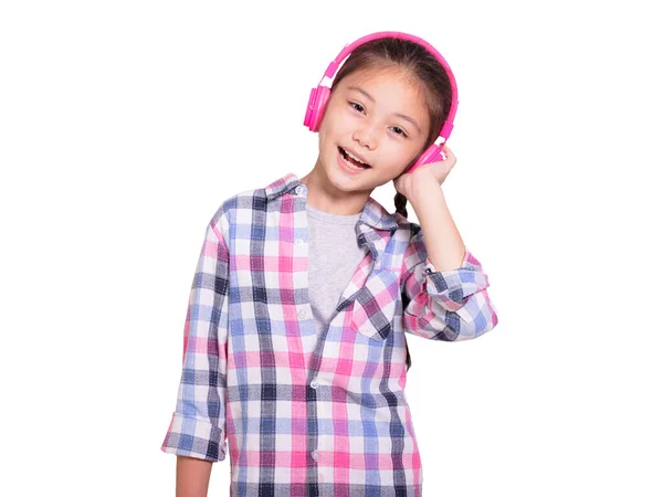 Menina Estudante Feliz Usando Headphones Isolated Fundo Branco — Fotografia de Stock