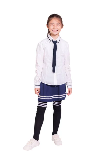 Menina Estudante Feliz Vestindo Uniform Isolated Fundo Branco — Fotografia de Stock