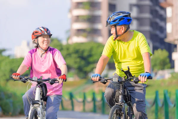 市内の公園で自転車で運動する幸せな高齢者のカップル — ストック写真