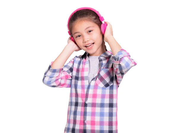 Menina Estudante Feliz Usando Headphones Isolated Fundo Branco — Fotografia de Stock