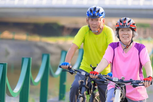 Szczęśliwa Para Seniorów Trenująca Rowerach Parku — Zdjęcie stockowe