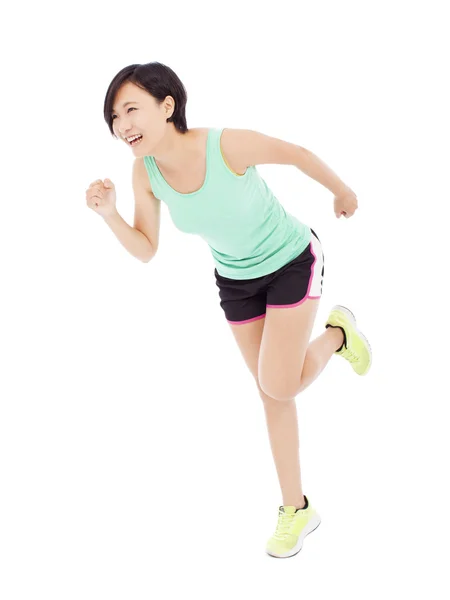 Happy young woman runner isolated on white background — Stock Photo, Image