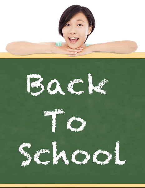 Terug naar school, jonge student meisje met blackboard — Stockfoto