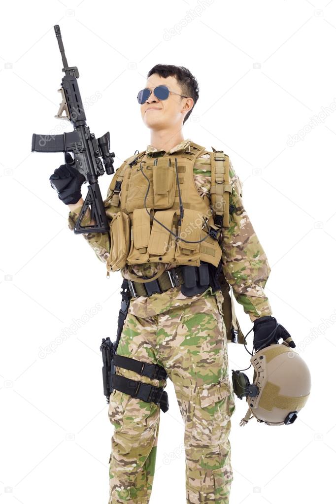 Soldier raising up rifle or sniper with white background