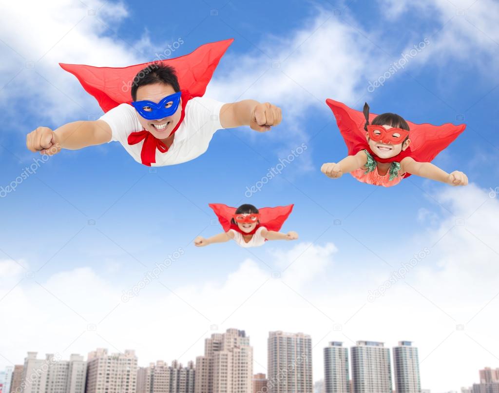 superman and daughters  flying in the sky