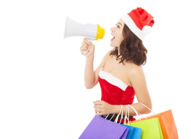 Noel Noel Baba kadın bir megafon hediye çantaları ile kullanma