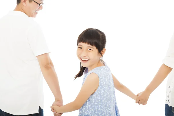 Feliz niña sostener a los padres de las manos y sonriendo  . —  Fotos de Stock